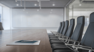 A board room filled with tables and chairs for a medical advisory board meeting.