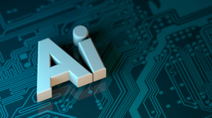 The letters AI, standing for artificial intelligence, on a background that resembles a computer chip.